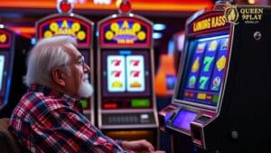 a old man sits infront of 3 reel slot machine
